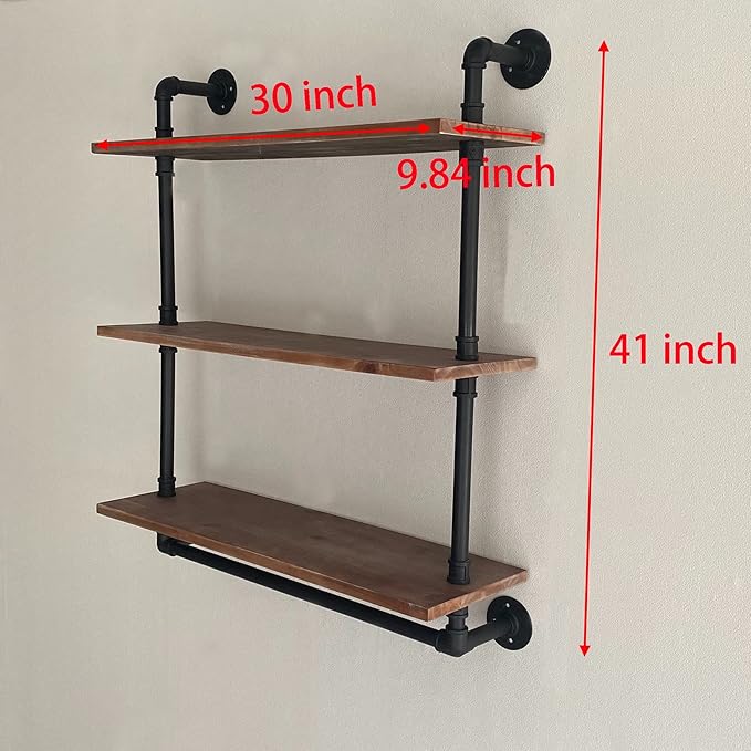 ROGMARS Industrial Floating Pipe Wall Shelves with Towel Rack,30 in Industrial Pipe Shelving Rustic Coffee Bar k Storage Wall Mounted Shelves for Living Room,Bathroom,Kitchen,Laundry Room
