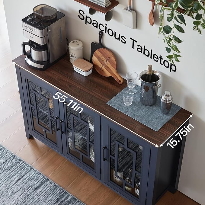 Large Sideboard Buffet Cabinet with Storage, 55" Farmhouse Kitchen Coffee Wine Bar Cabinet with 3 Glass Doors, Wood Mid Century Modern Side Board Table for Dining Room, Living Room,Navy Blue