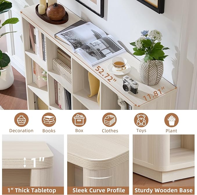 Joaxswe 12 Cube Storage Organizer, 41" Large Bookshelf with Curved Edge, Wood Floor Standing 3-Tier Cubby Bookcase w/Base, Modern Display Storage Cabinet for Living Room, Office, Gray-White Cream Oak