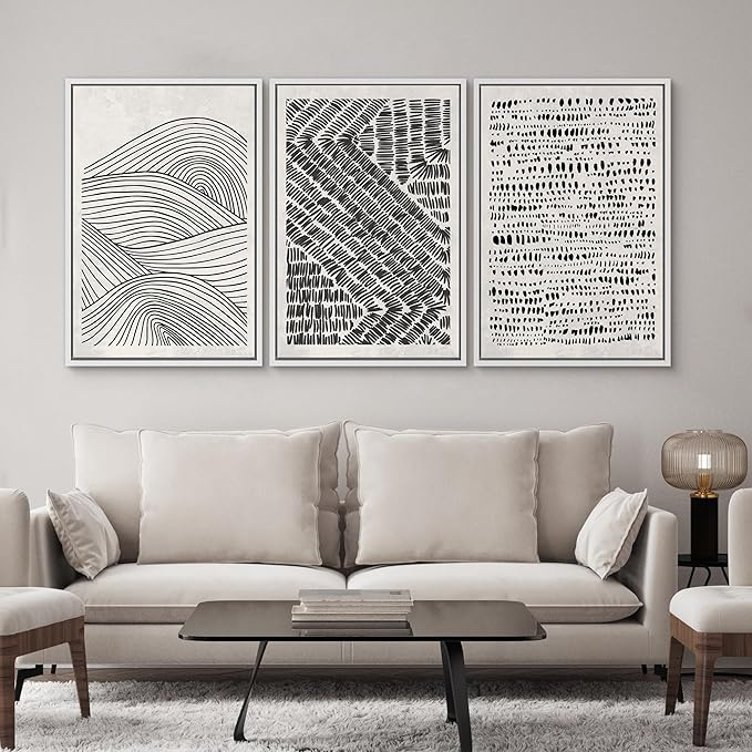 SIGNWIN Framed Canvas Print Wall Art Set Black Pastel Geometric Landscape Abstract Shapes Cozy Neutral Modern Art Decorative Boho Relax/Zen Nordic for Living Room, Bedroom, Office - 24"x36"x3 White