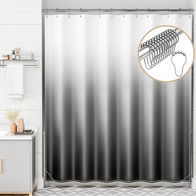 AmazerBath Shower Curtain, Cloth Ombre Black Shower Curtain Set with 12 Hooks, Washable Fabric Black and White Shower Curtain, Rustic Farmhouse Bathroom Shower Curtain, 72x72 Inches