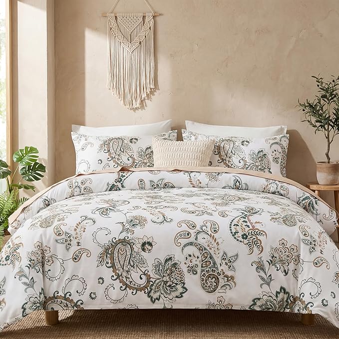 Cozeline 100% Cotton Duvet Cover King Size, Green Paisley Bedding Set with Zipper Closure, 3 Pcs Breathable and Soft Duvet Cover for All Season