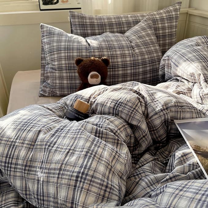 mixinni Full Duvet Cover Set - 3 Piece Vintage Buffalo Plaid Bedding, 100% Washed Cotton Duvet Cover with 2 Pillowcases, Soft & Breathable Navy Beige White Geometric Grid Pattern for All Seasons