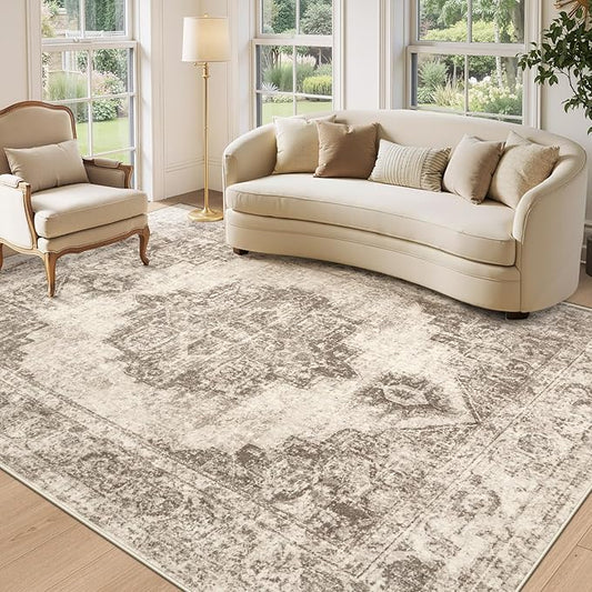 Area Rug 5x7 Vintage Rugs: Washable Indoor Medallion Rug Low Pile Distressed Floor Carpet Retro Accent Rugs for Living Room Bedroom Kitchen Dining Table Home Office(Taupe, 5'x7')
