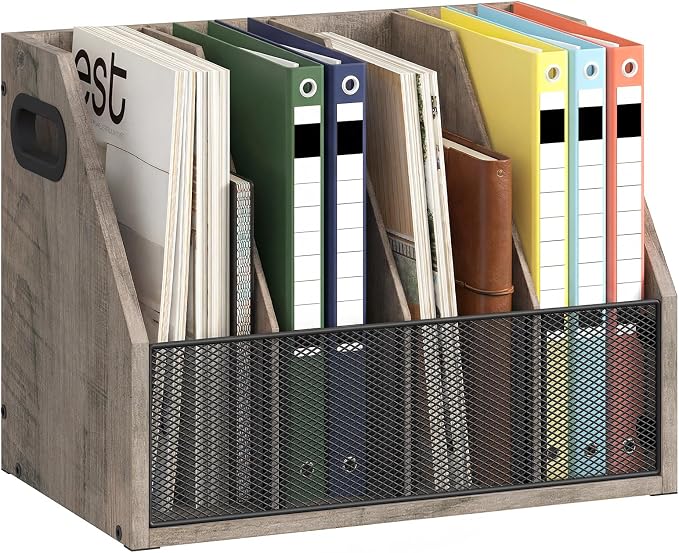 CHOEZON Wooden Desktop File Organizer with Removable Dividers, Mesh Front Panel for Paper, Mail, Magazine, Home Office Desk Storage, Easy Assembly, Greige MWJ06FH
