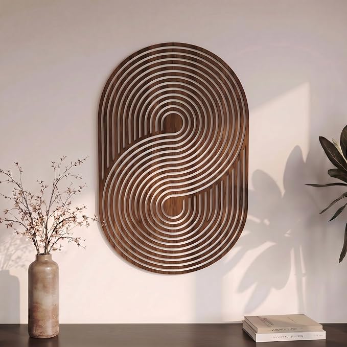 Yerliker Mid Century Modern Wood Wall Art Small Walnut Geometric Wall Sculpture 11.81 Inch Boho Minimalist Abstract Panel Decor for Living Bedroom, Office, Entryway Vertical Hanging Art(Irregular)