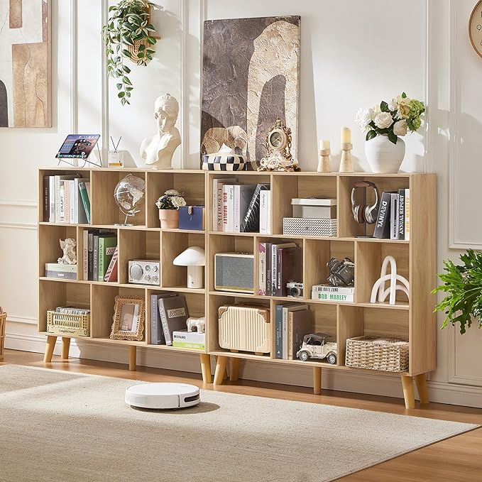 LEYAOYAO 10 Cube Bookshelf,3 Tier Modern Wide Bookcase with Legs,Mid-Century Wood Bookshelves Storage，Light Wood Large Book Case,Freestanding Organizer Display Shelf for Bedroom,Living Room,Office