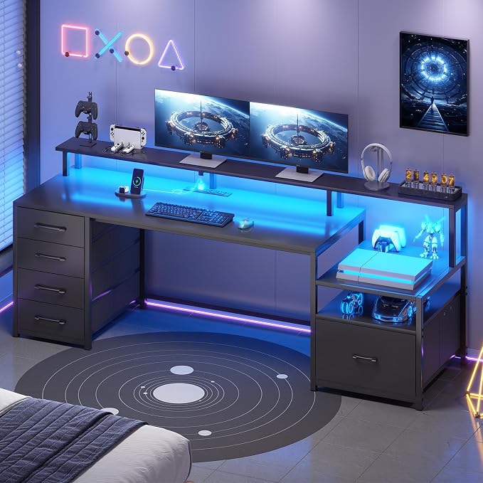 SEDETA Computer Desk with 5 Drawer, Power Outlet & Led Lights, 66'' Home Office Desk with File Drawer, Storage, Monitor Shelf, Gaming Desk, Black