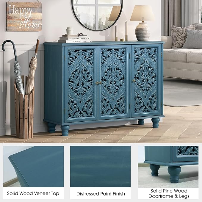 Accent Cabinet with 3 Carved Doors, Distressed Blue Sideboard Buffet with Storage & Solid Wood Legs, 43" Vintage Console Table for Living Room, Entryway, Coffee Bar, Hallway