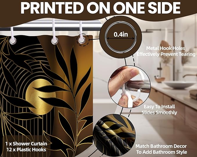 Boho Black and Gold Shower Curtain, Mid Century Modern Shower Curtains for Bathroom, Mens Bath Curtain Set, Waterproof Fabric with Hooks, 70" W x 84" L (Pack of 1)