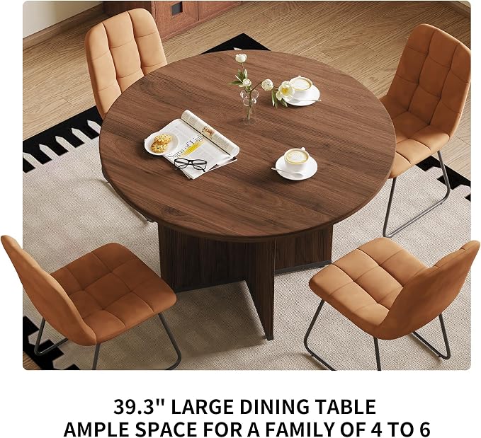 HIPIHOM Modern Round Dining Table Set for 2, 39.4" Walnut Kitchen Table with 2 PU Leather Chairs, 3-Piece Mid-Century Dining Room Set for Small Spaces, Pedestal Base & Ergonomic Padded Chairs