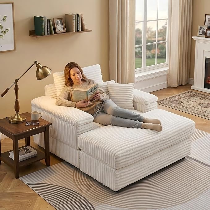 Eafurn 43.3" Oversized Accent Chaise Lounge Chair with Ottoman, Modern Corduroy Upholstered Convertible Recliner Armchair Sleeper Lounge Chair with Wood Frame for Living Room Apartment