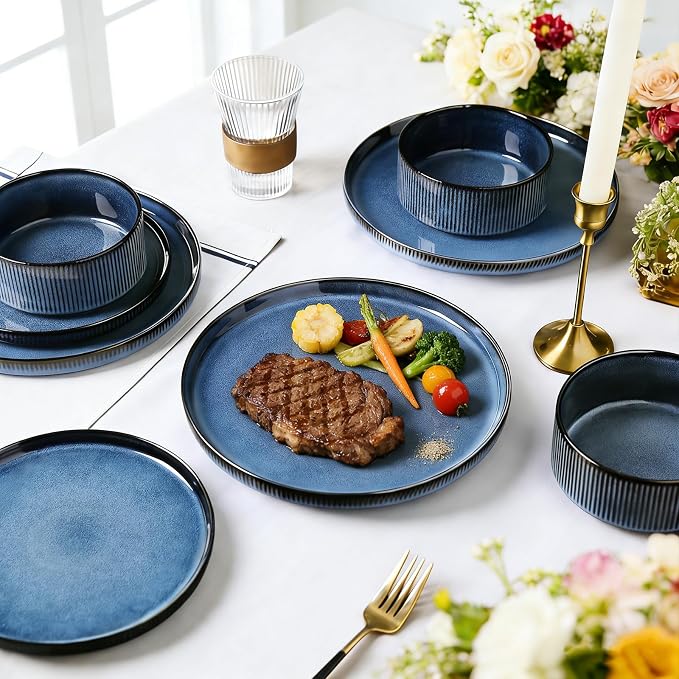 MONITO Ceramic Dinnerware Sets for 6, 18PCS Stoneware Plates and Bowls Sets, Reactive Glaze Dish Set, Chip and Scratch Resistant Double, Microwave and Dishwasher Safe, Dark Blue