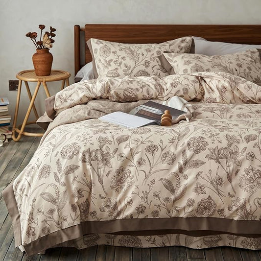 Brown Floral 100% Cotton Duvet Cover Queen Size, 3 Pieces Soft Breathable Duvet Cover Set - 1 Botanical Patterned Duvet Cover 90x90 Inches with Zipper Closure, 2 Pillowcases