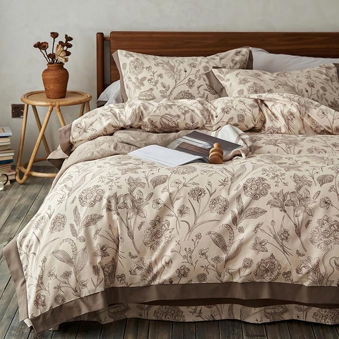 Brown Floral 100% Cotton Duvet Cover King Size, 3 Pieces Reversible Vintage Duvet Cover Set - 1 Botanical Patterned Duvet Cover 104x90 Inches with Zipper Closure, 2 Pillowcases