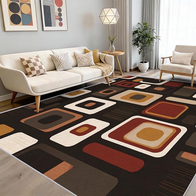 Mid-Century Modern Rug 5x7 70s Retro Geometric Pattern Area Rugs for Living Room, Bedroom, Mid-Century Modern Home Decor Accessories Indoor Carpet, Non Slip & Machine Washable, GD0637
