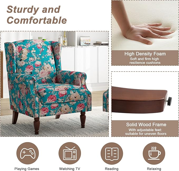 High Back Floral Accent Chair - Retro Wingback Upholstered Armchair with Nailhead Trim, Solid Wood Legs, Fabric Living Room Bedroom Reading Chair (Peacock Blue)