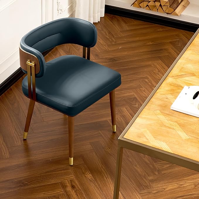 Modern Upholstered Leather Dining Chairs with High-Resilience Foam Cushion, Walnut Wood Veneer&Gold Metal Legs, 22Lx20.5Wx28.3H Inches, Anti-Slip Kitchen Chairs for Dining Room,Navy Blue