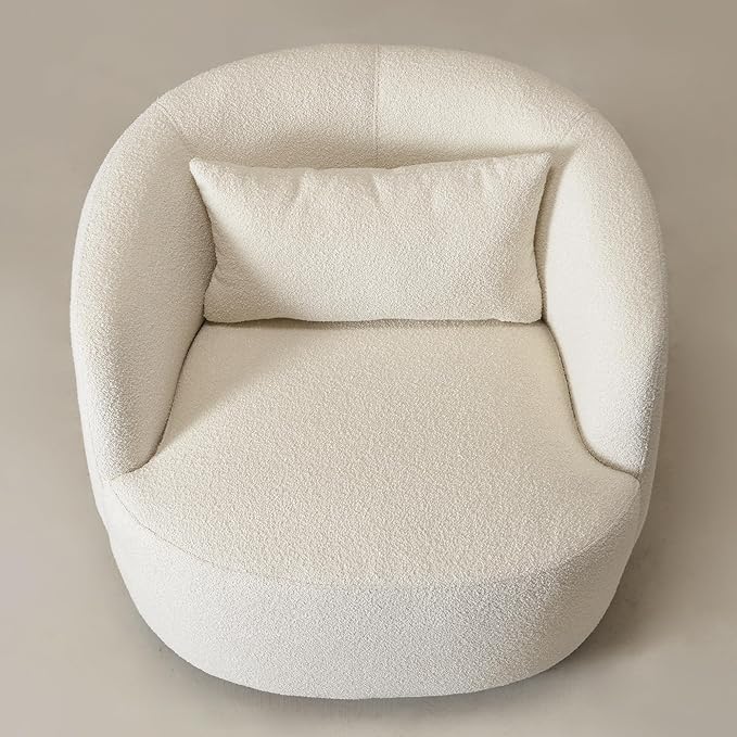KINWELL 34" Wide Boucle Swivel Barrel Chair, No Assembly Round Upholstered Armchair Accent Chair Single Sofa Chair with Toss Pillow for Living Room and Bedroom, Beige