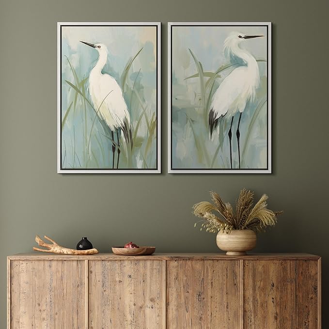 MUDECOR Framed Canvas Print Wall Art White Heron Pair in Marsh Coastal Illustrations Modern Art Decorative Bohemian Colorful for Living Room, Bedroom, Office - 24"x36"x2 White