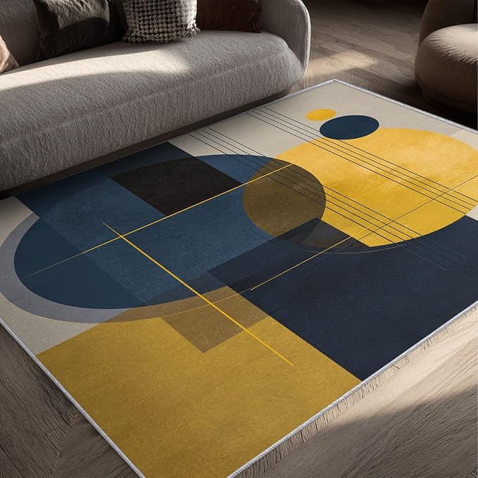 Mid Century Modern Rugs for Home Decor, 6x9 ft, Retro Circles MCM Area Rugs for Living Room, Soft Non Slip Washable Abstract Geometric Carpet Bedroom Decorations D-1g