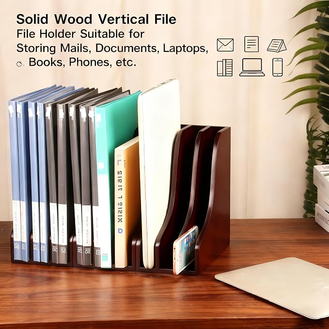 Solid Wood Vertical File Organizer, Desktop Document Holder with Customizable Design, Multifunctional Desk Organizer for Mail, Paper, Books, Files, Laptops, Office & Home Desktop Organization