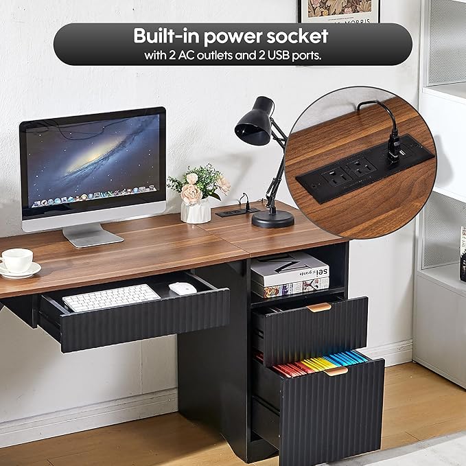 55" Modern Computer Desk with Keyboard Tray, Built-in Power Outlets, Fluted Design, 2-in-1 Main Drawer & Adjustable File Drawer, Office Desk for Home Workspace (Walnut with Black)