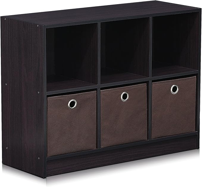 Furinno BASIC Book Shelf, 6-Cube Bookshelf with Open Shelf, 3 x 2 Bookcase with Storage Bins, Closed Back, Horizontal, 11.9 x 31.6 x 23.6, for Living Room, Bedroom, Home Office, Dark Walnut