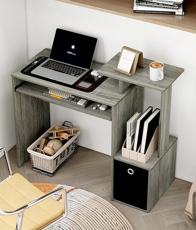 Computer Desk with Drawers, Study Table with Storage Shelves Keyboard Tray for Home Office Bedroom Living Room, Oak Grey/Black