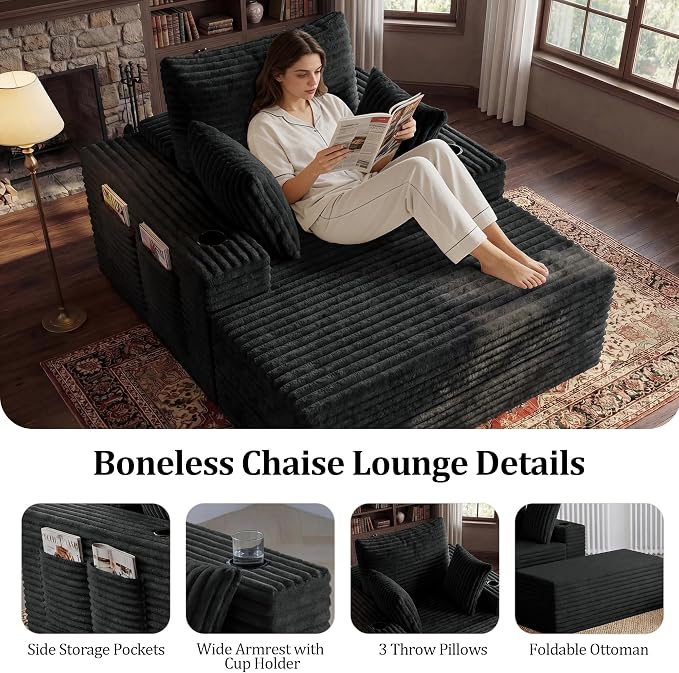85" Oversized Chaise Lounge Chair Convertible 2-in-1 Boneless Sleeper Couch Bed Indoor Comfy Cloud Corduroy Reading Armchair sofa with Storage Pockets&Cup Holders for Bedroom,Living Room,Gray