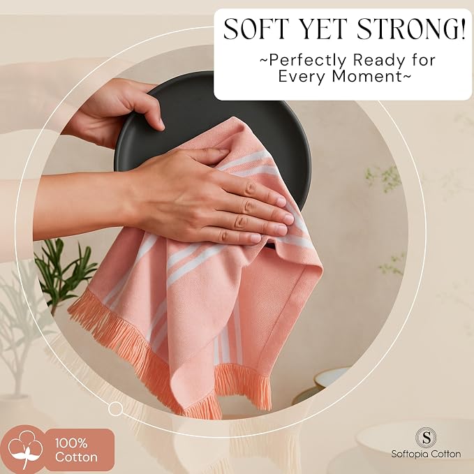 Prewashed Stripe Dish Towels 12 Pack, 16x26 Inches, 100% Cotton Kitchen Cloths, Quick Drying Wash Rags, Reusable and Absorbent, Washable Towels for Cleaning, Cooking - Light Orange
