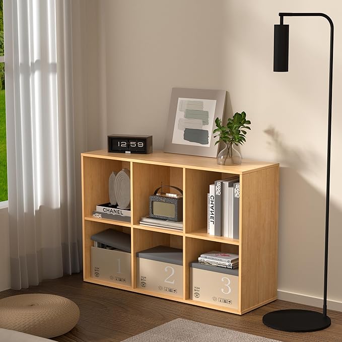 6 Cube Storage Organizer with Legs, 3 Tier Cube Low Bookcase Freestanding Storage Display Organizer for Home Office, Six-Cubes Open Shelf Bookshelf (Natural Oak, 6 Cube Vertical)
