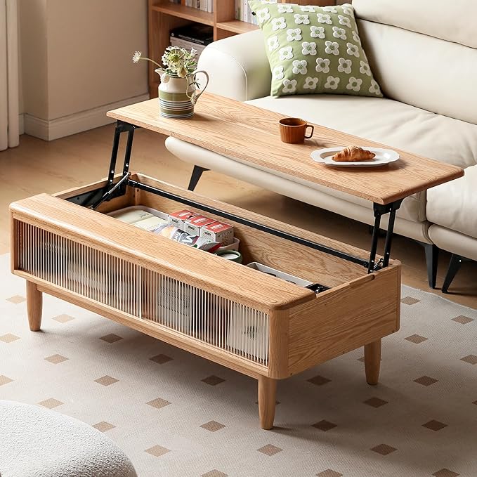 Lift Top Coffee Table, 100% Solid Oak Wood Log Color Coffee Table with Glass Sliding Door, Rectangular Coffee Tables with Storage for Living Room Home Decor-47.24" L