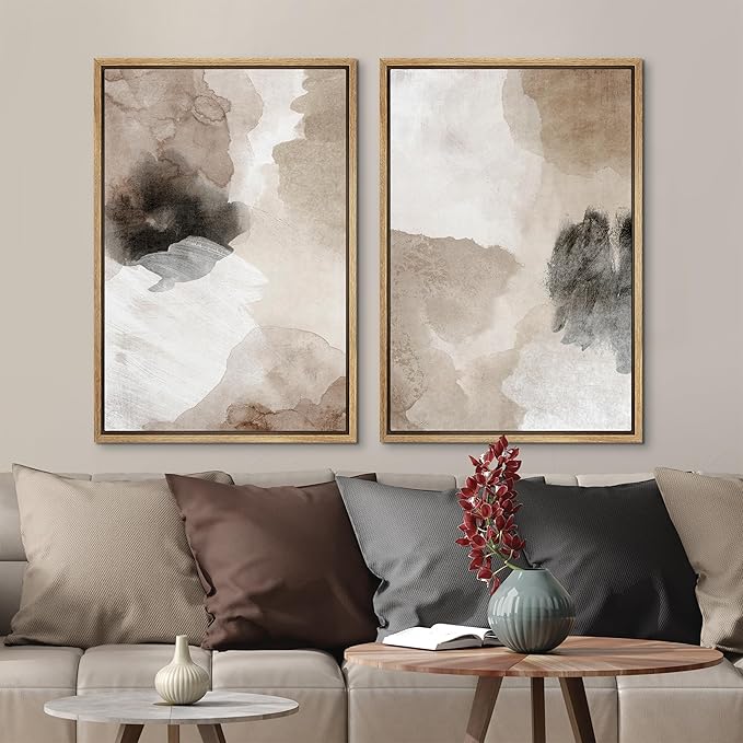 MUDECOR Framed Canvas Print Wall Art Watercolor Brown White Black Collage Abstract Shape Illustrations Modern Art Decorative Bohemian Colorful for Living Room, Bedroom, Office - 24"x36"x2 Natural