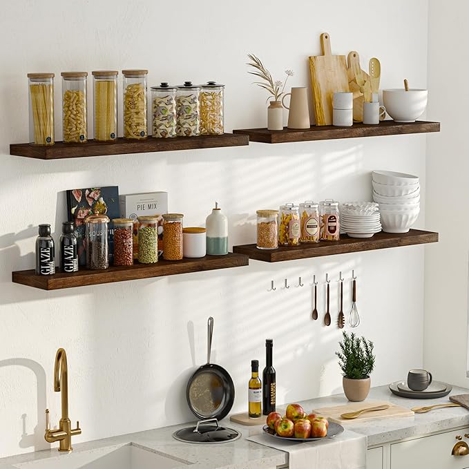 Fun Memories Floating Shelves for Wall, 55"x9.3" Rustic Solid Elm Wood Shelves, Heavy-Duty Wall Mounted Shelves with Invisible Brackets for Living Room, Bedroom, Kitchen, Walnut Finish