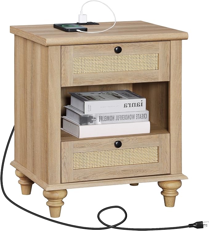 WAMPAT Rattan End Table with Charging Station for Living, Small Sofa Side Table with 2 Drawers & Open Shelf, Farmhouse Wooden Night Stand Retro Bedside Table for Living Room, Light Oak