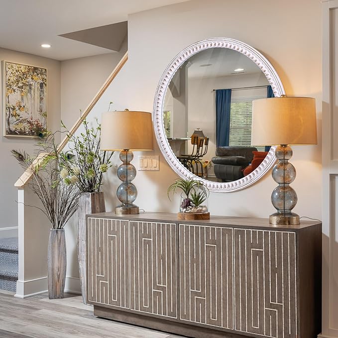 30 Inch Round Wood Mirror for Wall Decor | Decorative Circle Mirrors for Bathroom, Entryway, Bedroom, Living Room