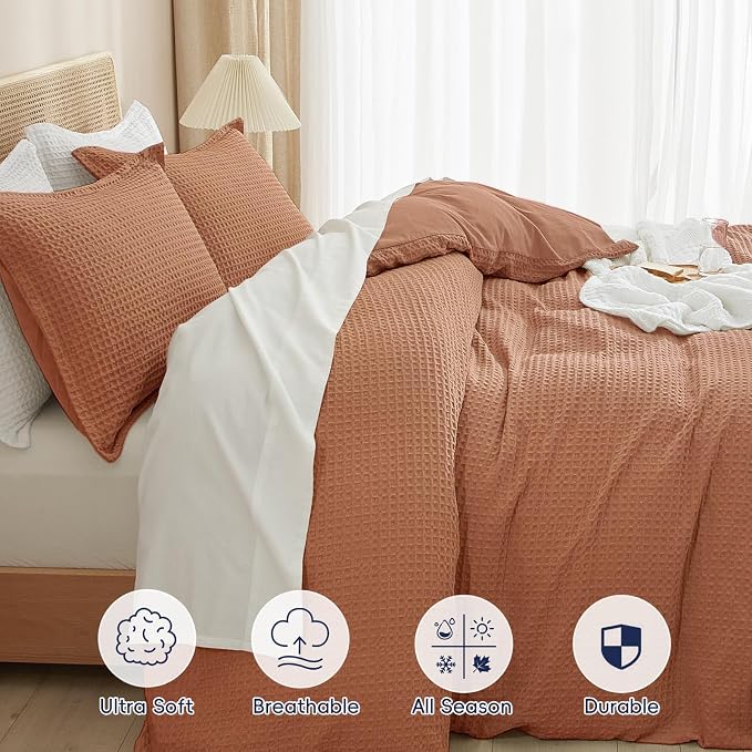 PHF Waffle Duvet Cover Set California King, No Snagging Ultra Soft Luxury Textured Breathable Comforter Cover for All Season 3pcs, Durable Bedding Duvet Set with 2 Pillow Shams, 104"x98", Terra Cotta