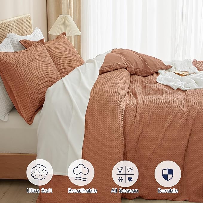 PHF Waffle Weave Duvet Cover Set King Size, No Snagging Ultra Soft Luxury Textured Breathable Comforter Cover for All Season 3pcs, Durable Bedding Duvet Set with 2 Pillow Shams, 104"x90", Terra Cotta