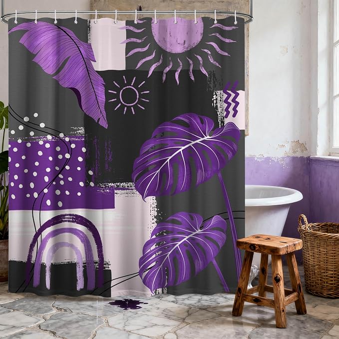 Purple and Gray Mid Century Modern Shower Curtain Bohemian Abstract Dark Purple and Grey Shower Curtains for Bathroom Decor Sets, Waterproof Cloth Fabric with Hooks, 70x72 Inch