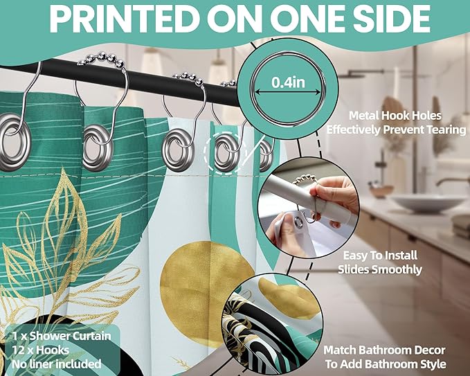Teal Blue and Gold Shower Curtain Boho Mid Century Turquoise and Aqua and Black Shower Curtains for Bathroom Decor, Waterproof Cloth Fabric with Hooks, 70" W x 72" L
