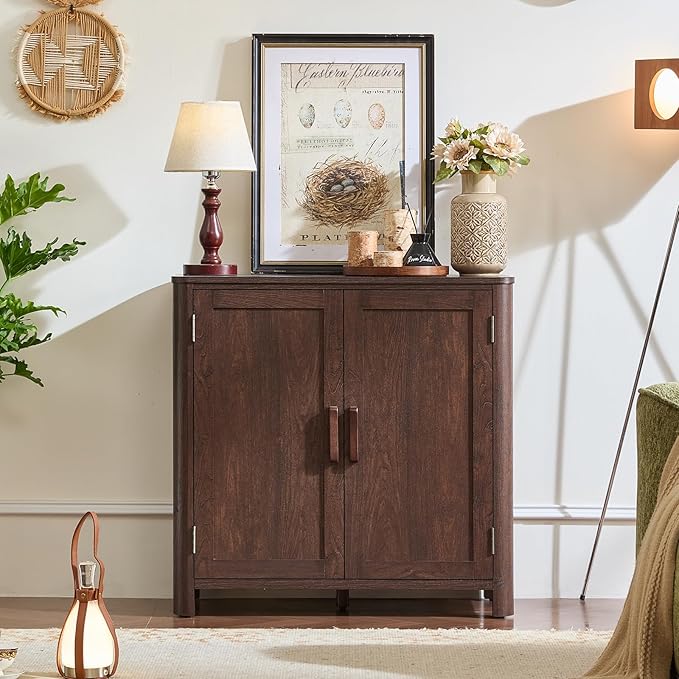 Joaxswe Sideboard Buffet Cabinet with Storage Set of 2, 31.5" Arc-Shaped Credenza with 2 Doors & Adjustable Shelves, Coffee Bar Cabinet for Kitchen, Living Room, Walnut