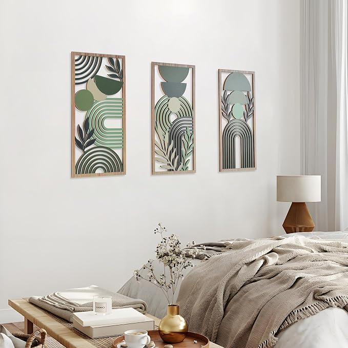Modern Geometric Wood Wall Art Set of 3, Boho Abstract Mid Century Wall Decor Panels, Green and Black Hanging Decoration for Living Room Bedroom Bathroom Home Office (Modern Minimalist - 11.8 x 5.9 inch)