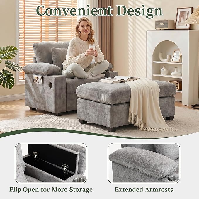 Oversized Chaise Lounge Chair with Ottoman and Cup Holders, Modern Sleeper Sofa with USB Charging Ports for Living Room and Bedroom (Grey)