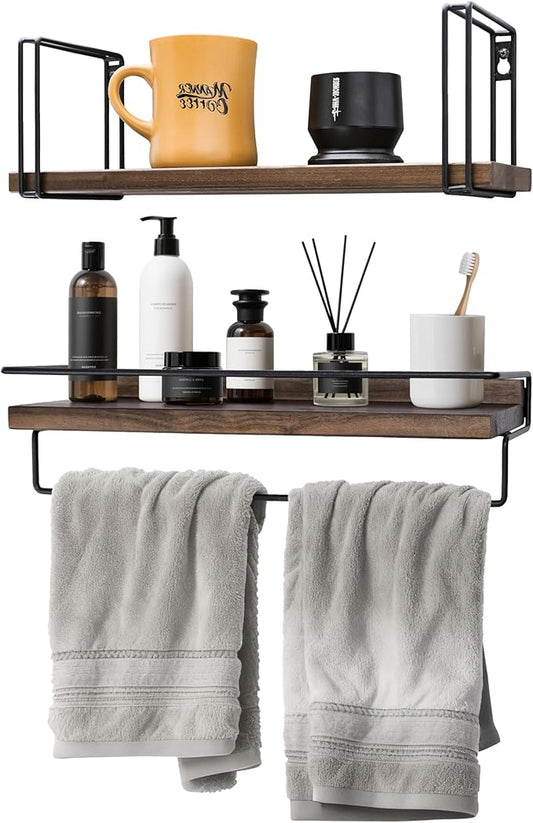 Wall Mounted Shelf with Towel Bar - Solid Walnut Floating Shelves with Metal Frame, Wall Shelf for Coffee Bar Kitchen, Living Room, Office, Bedroom