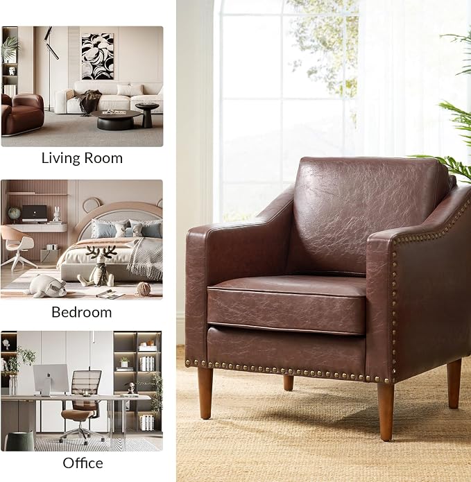 HULALA HOME Faux Leather Accent Armchair with Back & Seat Cushions, Traditional Club Chair with Nailhead Trim, Comfy Upholstered Sofa Chair for Living Room Bedroom, Brown