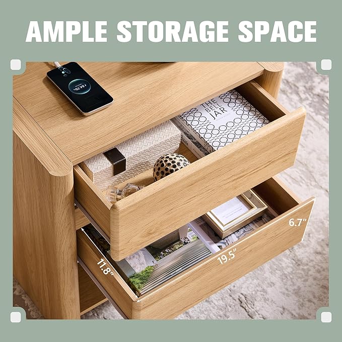 25" Tall Modern Nightstand with Charging Station, 23.6" W Nightstand with 2 Storage Drawers & Open Shelf, Wood Night Stand w/Rounded Corner Design for Bedroom, Living Room (Natural)