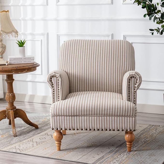 Linen Accent Chair Mid-Century Modern Living Room Armchair with Nailhead Trim & Wood Legs Comfy Upholstered Single Sofa Chair for Lounge/Bedroom/Reception, Khaki Stripe