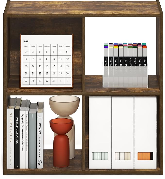 Furinno PELLI Book Shelf, 4-Cube Bookshelf with Open & Closed Back Cubes, 2 x 2 Storage Organizer Cabinet, 11.6 x 24.2 x 24.2, for Living Room, Bedroom, Home Office, Amber Pine