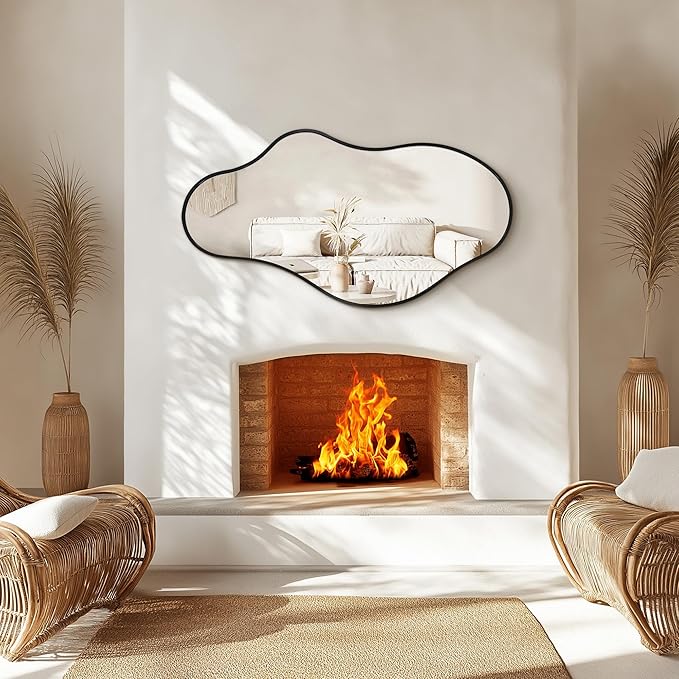Irregular Wall Mirror, 20"x36" Black Abstract Asymmetrical Mirrors for Wall, Decorative Cloud Wavy Mirror for Bathroom, Bedroom, Cloakroom, Entryway, Shatter-Proof Aluminum Alloy Frame
